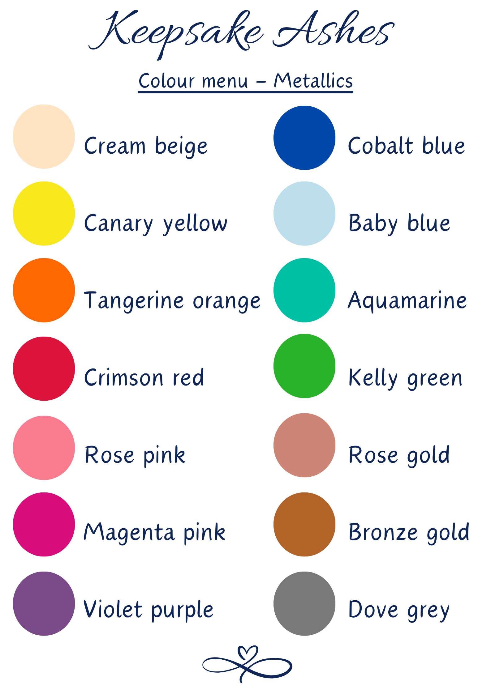 Colour chart showing swatches of each colour items can be handmande in