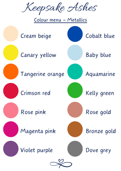 Colour chart showing swatches of each colour items can be handmande in